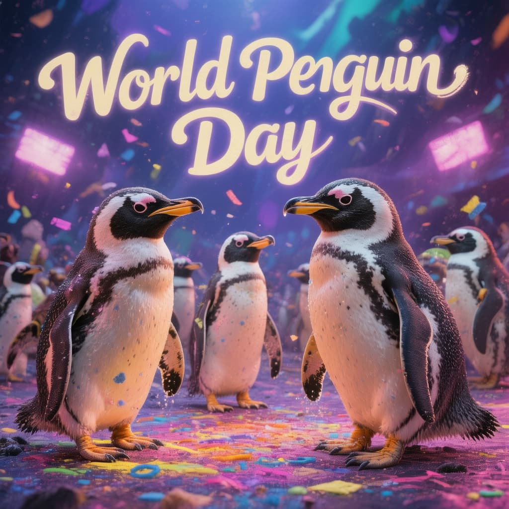 AI generated: realistic image of penguins having a party with the text "World Penguin Day"