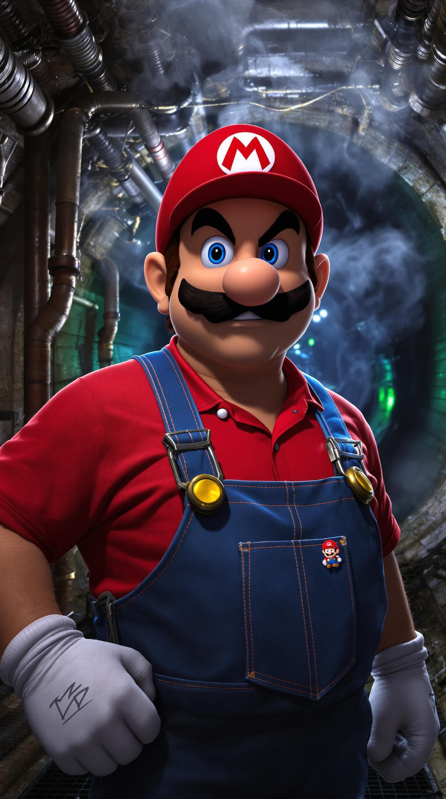 AI generated: A hyper-realistic image of a middle-aged Italian plumber inspired by Mario from Super Mario Bros; sh...
