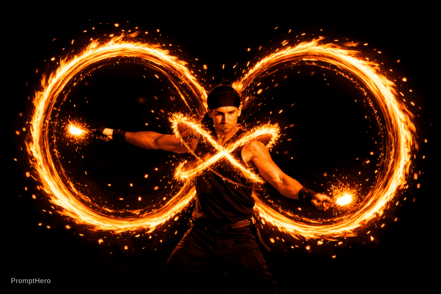 AI generated: A 10-second long-exposure photograph capturing a fire poi performer at the peak of their performance...