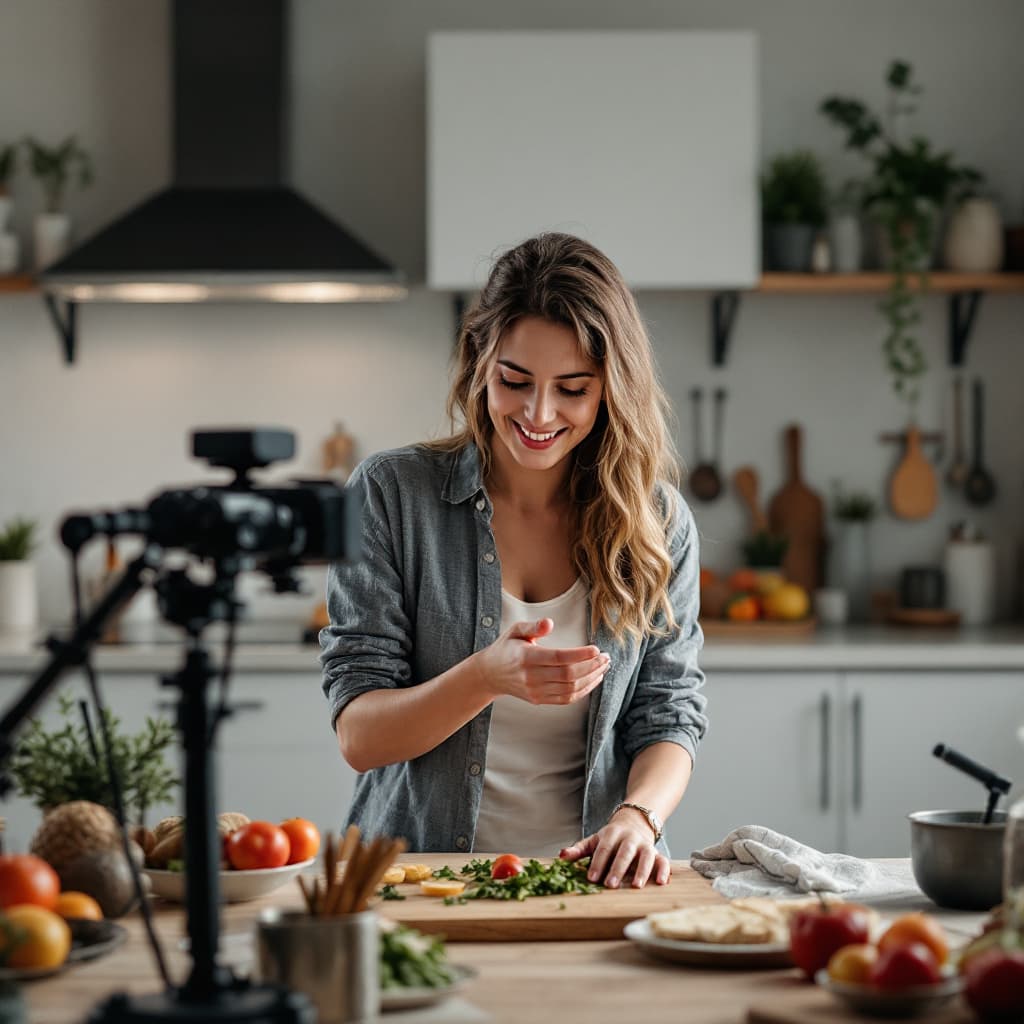 AI generated: woman in kitchen cooking front of webcam
