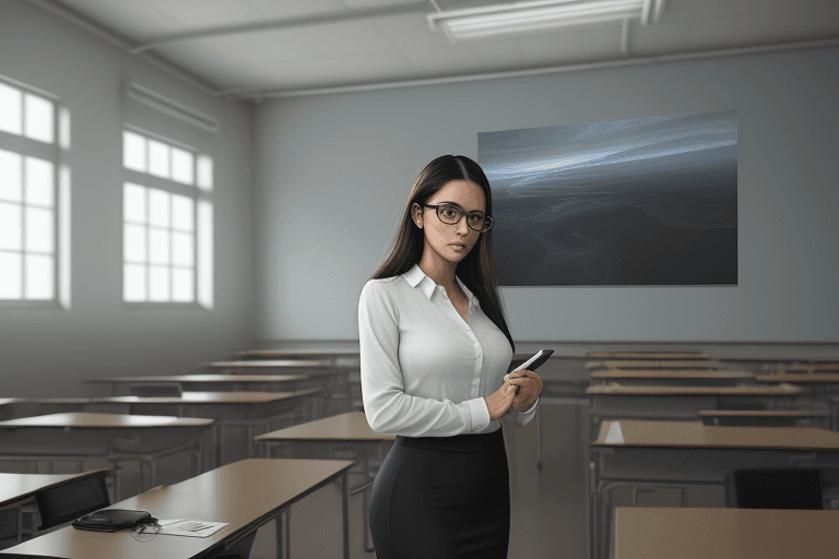 AI generated: Crie uma imagem ultra realista de uma modelo fashion com um professor acadêmico em sala de aula em f...
