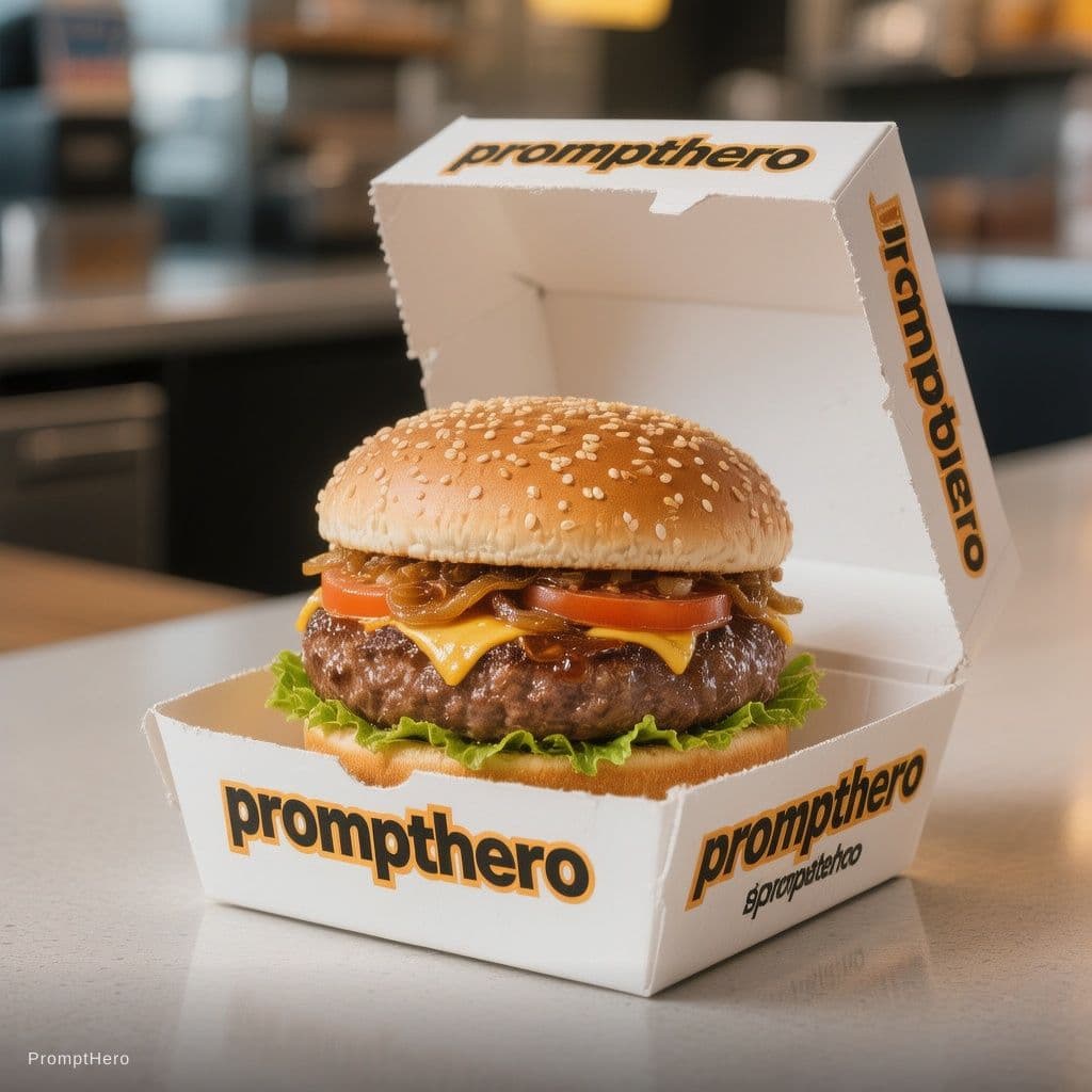 AI generated: Hyper-realistic hamburger in an open branded box, placed on a clean fast-food counter. The burger lo...