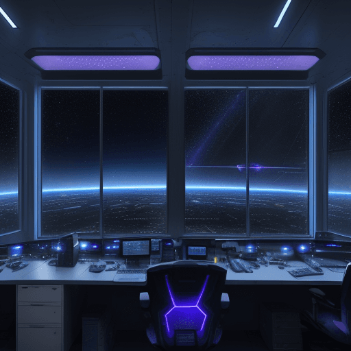 AI generated: spaceship lab, meteor rain on the galaxy on the window, blue lights, computers, purple details