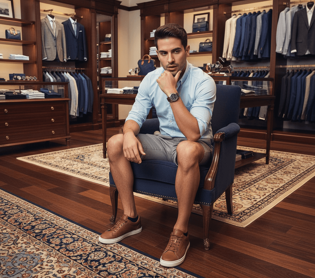 AI generated:  At a very luxurious men's clothing store. The Hispanic male is slender, he is 5 feet tall, he is we...