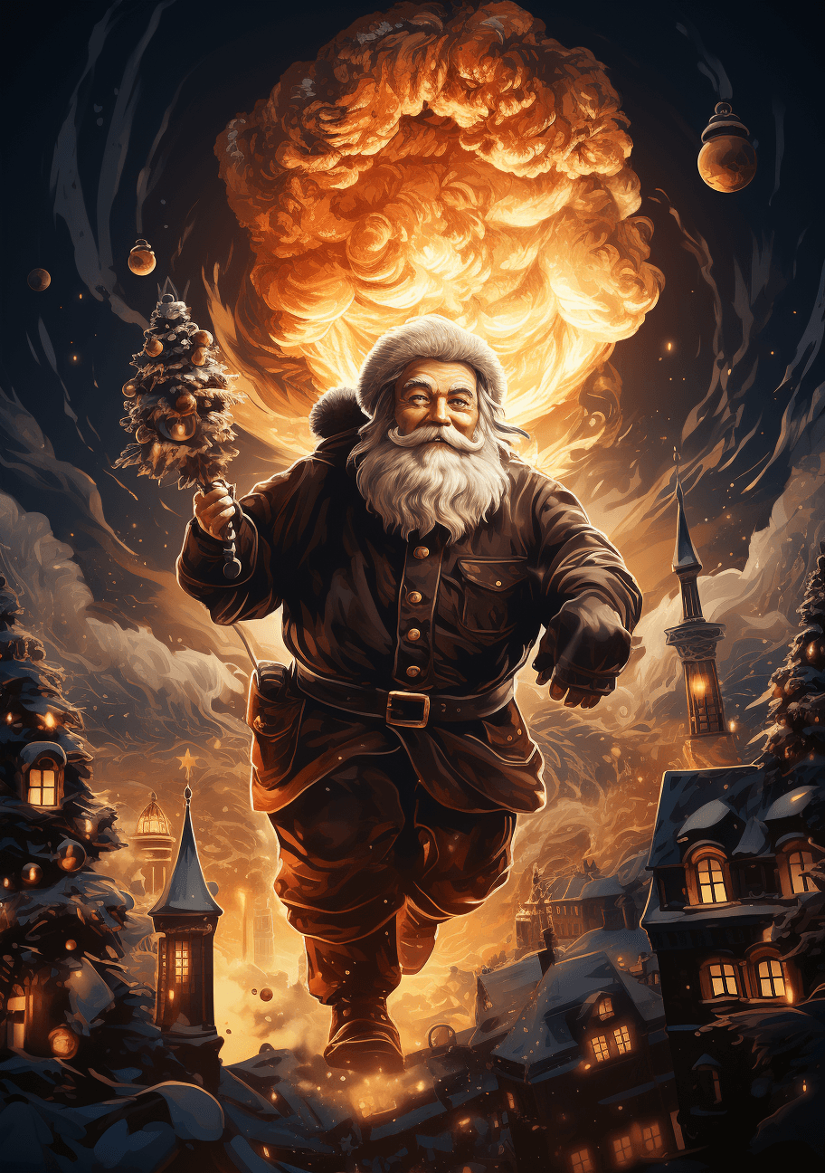 AI generated: christmas card santa claus, in the style of captivating cityscapes, eye-catching, dark red and orang...
