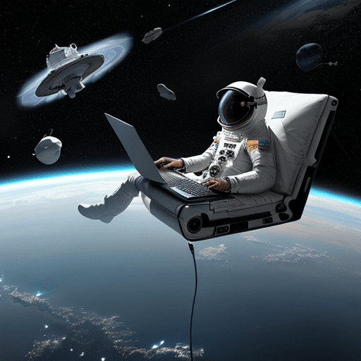 AI generated: A gaming laptop floating in space, drifting along the Milky, realistic, The astronaut 