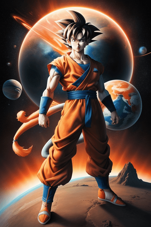 AI generated: masterpiece, best quality, Goku, 1boy, clenched hands, earth \(planet\), full body, looking at viewe...