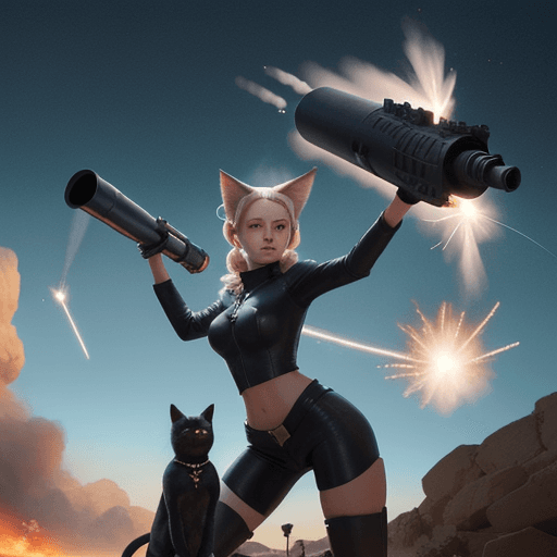 AI generated: a woman with cat like ears holding a rocket launcher and pointing it at a large creature in the back...