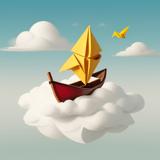 AI generated: a cute yellow origami boat floating on a white cloud 
