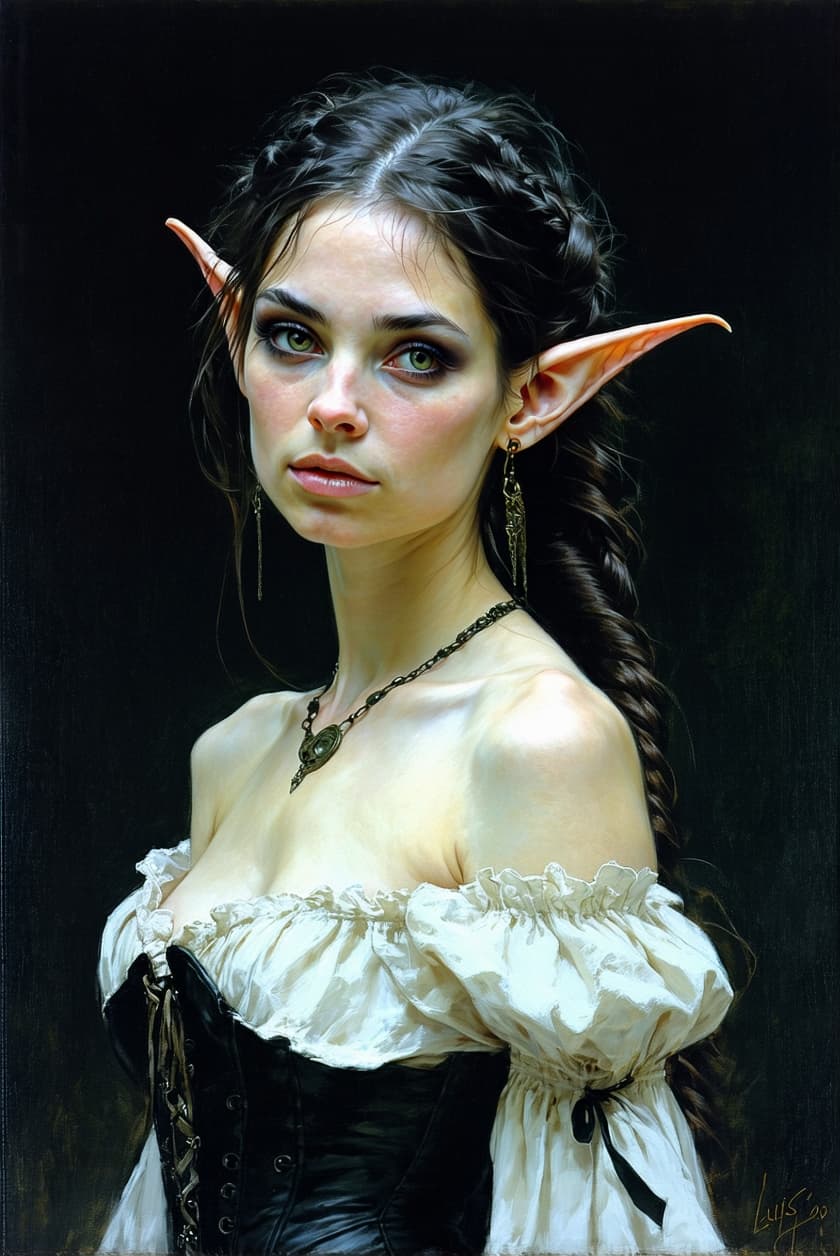 AI generated: un portrait réaliste de luis_royo et de John_Anster_Fitzgerald, illustration d'une belle femme elfe ...