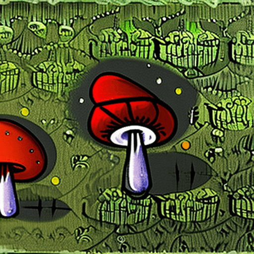 AI generated: forest, mushrooms, bottle, green, horizontal, 1511x520 resolution, indonesian art, vibrant Folk Art ...