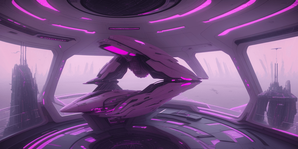 AI generated: EXTREMELY FUTURISTIC SCI-FI Dark PINK, classy SPACESHIP, bedroom interior, FUTURISTIC CITY view, HYP...