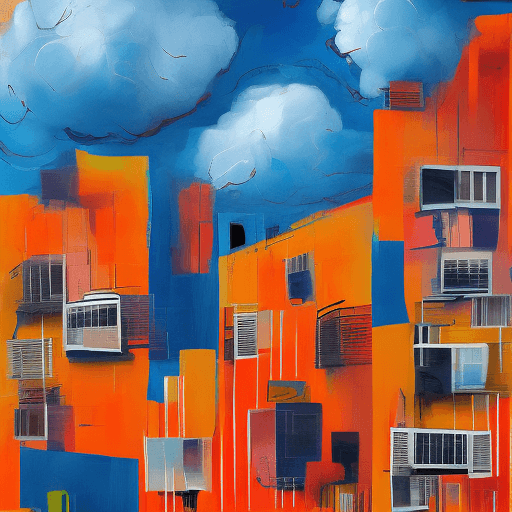 AI generated: semi-abstract futuristic painting, big houses with orange doors, clouds floating between the houses,...