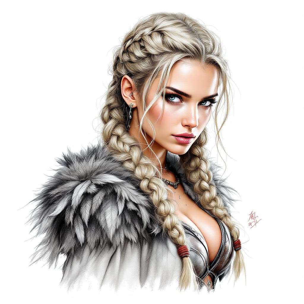 AI generated: Color drawing of a Viking warrior woman in the style of Frank Frazetta, with braided hair, feathers ...