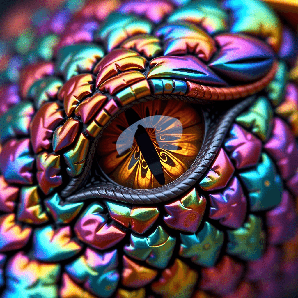 AI generated: Macro photograph of a mythical dragon's eye, surrounded by jewel-toned, iridescent scales arranged i...