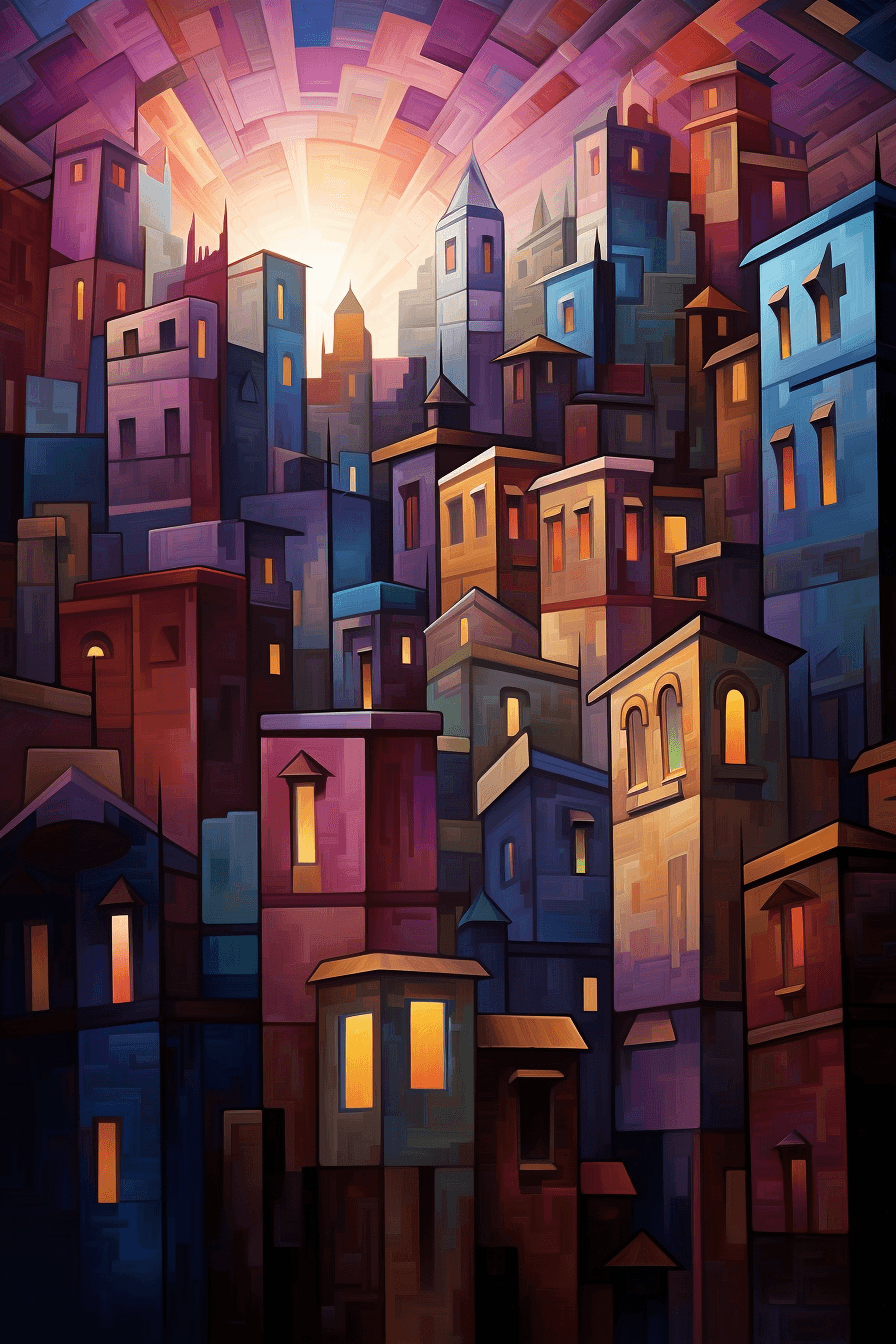 AI generated: The ecosystem of a cityscape, Cubism, inspired by Abraham Pether, fragmented color scheme, geometric...