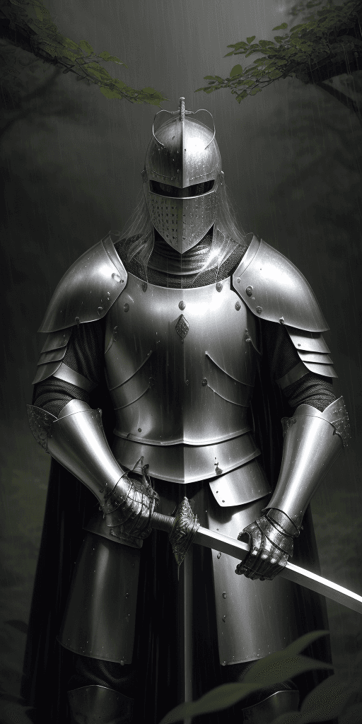 AI generated: Generate a hyper-realistic portrait of a knight standing in a dense forest near a medieval village. ...
