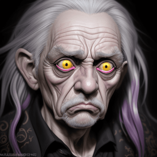 AI generated: Very old, scared and scared grandpa with fear in his eyes, crazy Mundford sky hallucination, baroque...