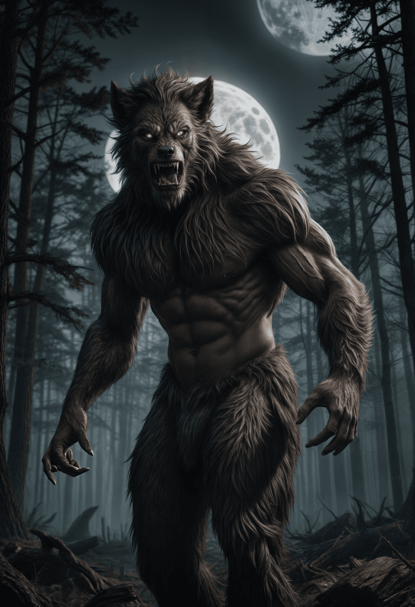AI generated: a man is transforming in a werewolf,epic cinematic scene,full moon,dark woods in background
