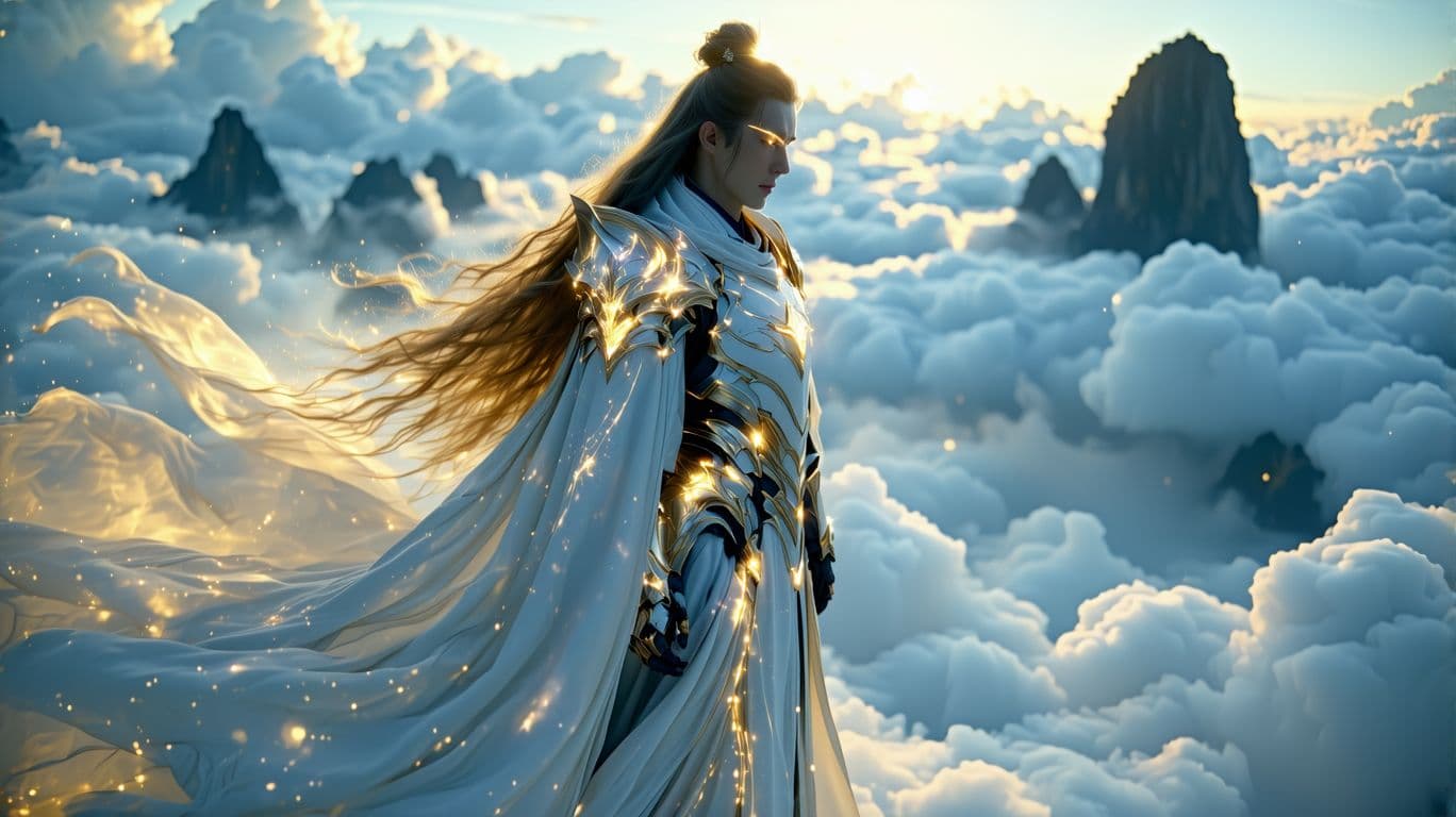 AI generated: A cinematic digital artwork featuring a determined, female celestial warrior in a commanding yet com...
