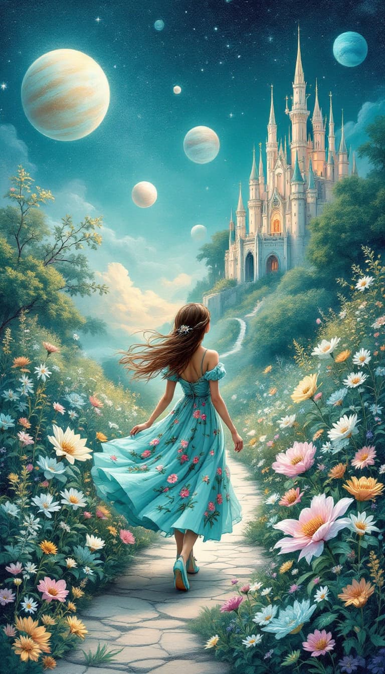 AI generated: oil painting, short detailed brush strokes, textured
A whimsical girl in a vintage floral teal dress...