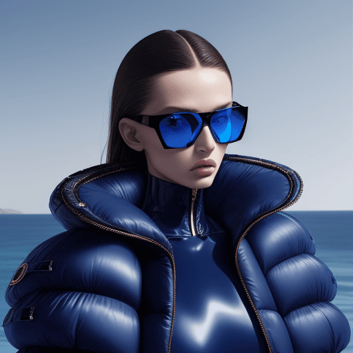 AI generated: Fashion shoot, Jacquemus and Moncler collaboration: dark blue translucent futuristic sunglasses, hyp...