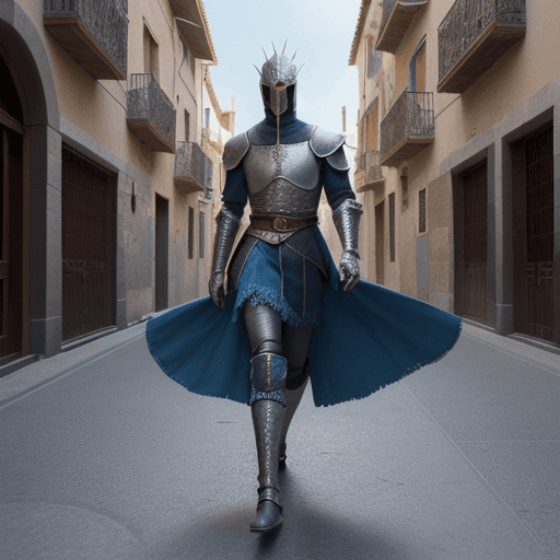 AI generated: hombre medieval de espalda, armadura completa,  caminando en una ciudad futrista, ciberpunk, runas, ...