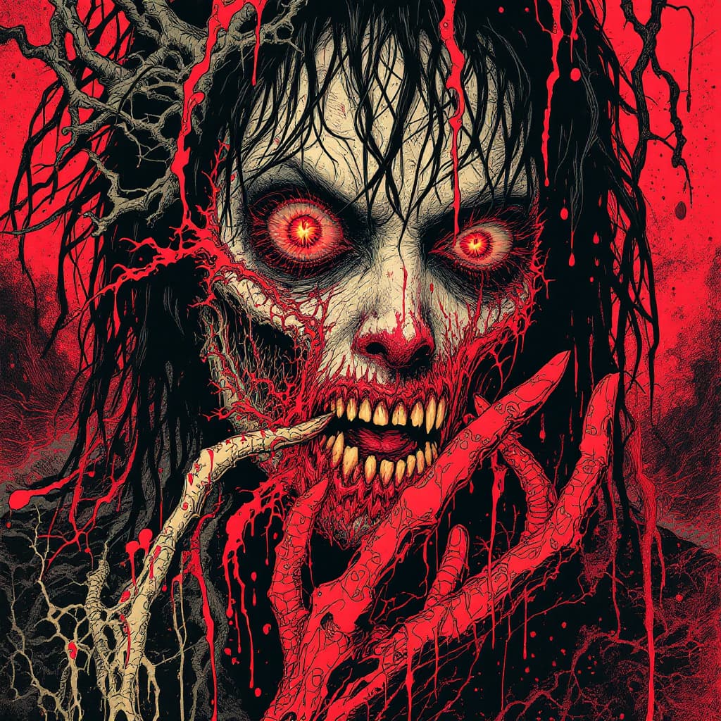 AI generated: "FULL IMAGE/NO TEXT/horror Regurgitative Symbiosis terror /Intricate Details/FINELINE/ABSURDES/100 b...