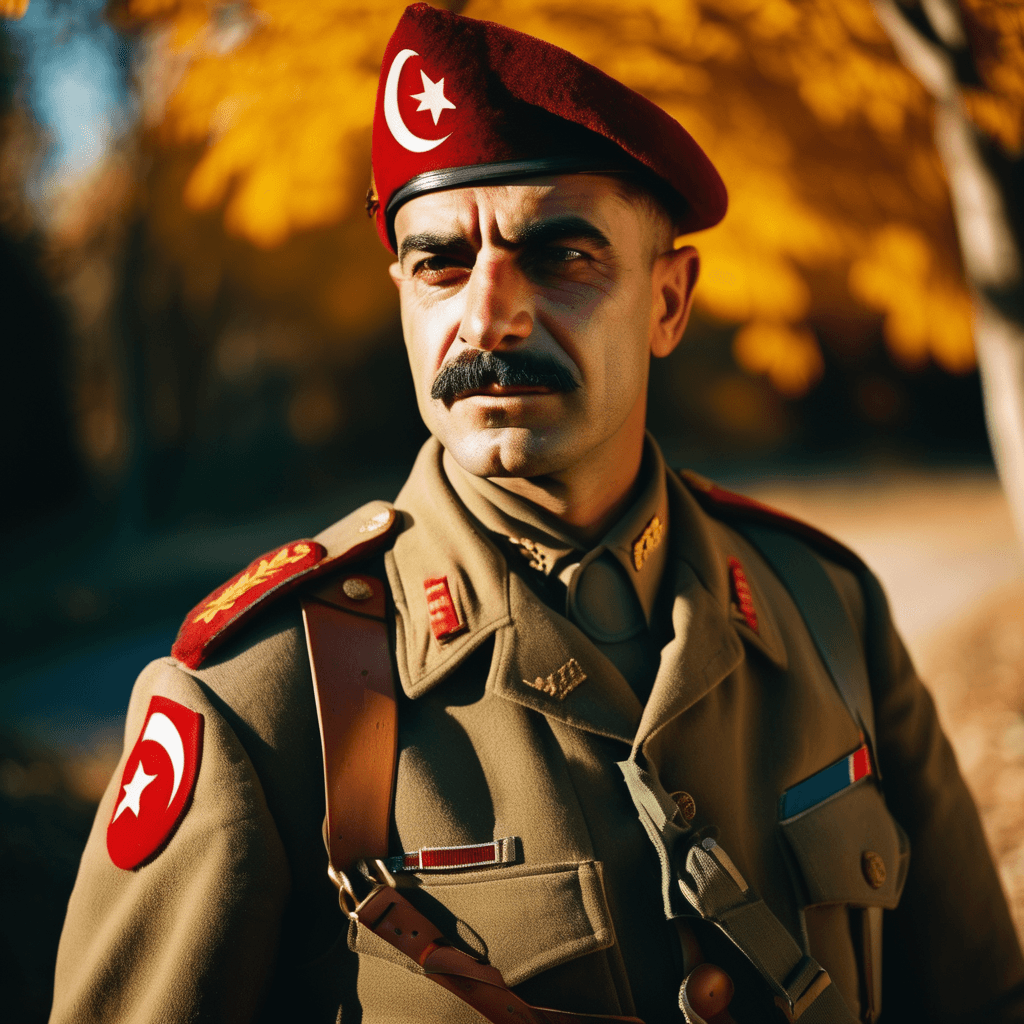 AI generated: A powerful portrait of a Turkish soldier in autumn, bathed in warm sunlight, and a vintage film stil...