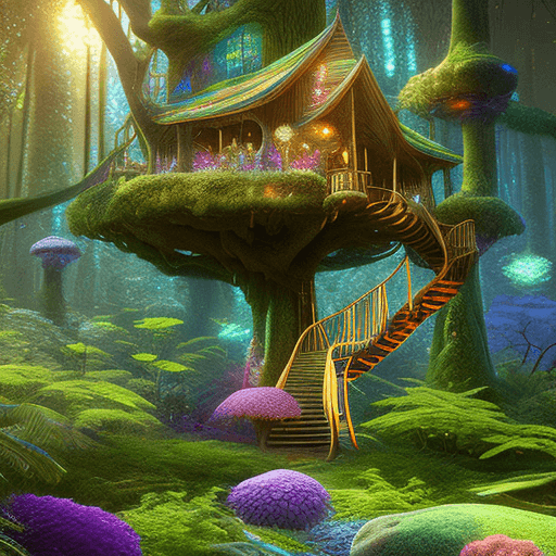 AI generated: Highly detailed Holographic art of a Treehouse with a glowing staircase to the house, in the middle ...