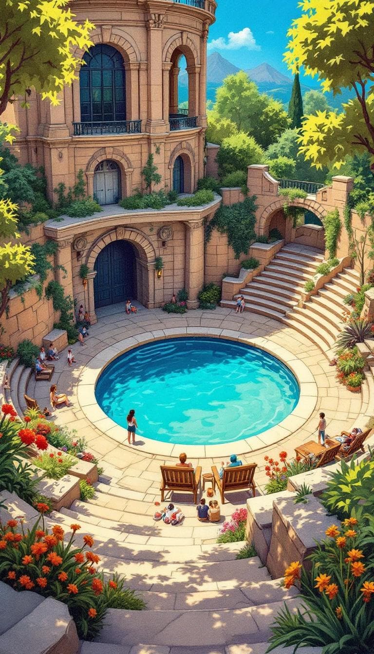 AI generated: Draw me an amphitheater with a pool in front of it