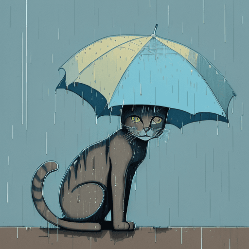 AI generated: a cat in the rain, in the style of jim mahfood, light gold and sky-blue, aro wiesenfeld, soggy, jon ...