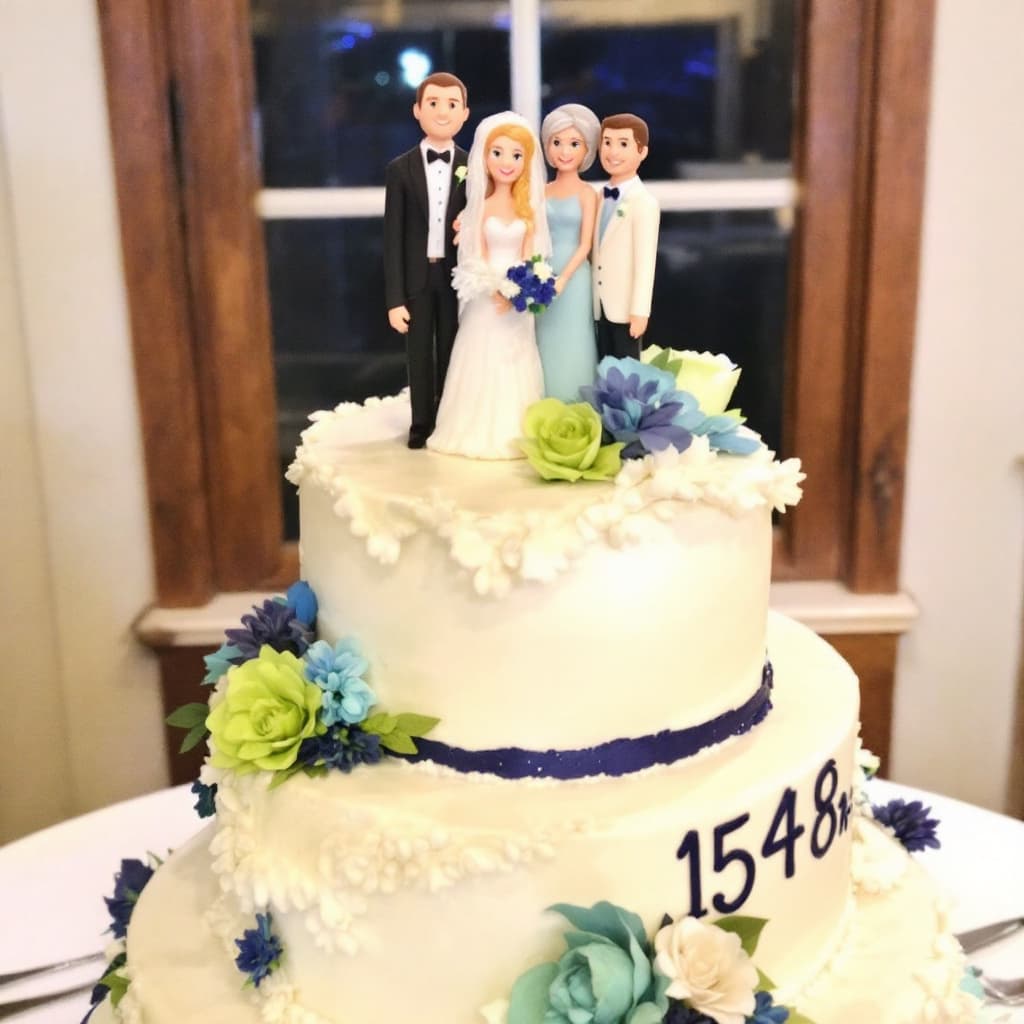 AI generated: Bride and groom with parents and three bridesmaids and three groomsmen on top of three layer cake de...
