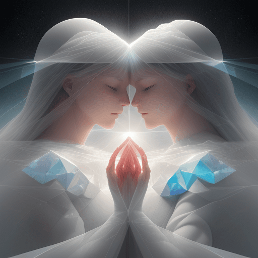 AI generated: two time prisms hugging each other in the clouds, multi-panel compositions, in the style of ethereal...