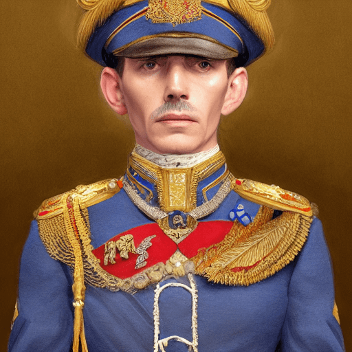 AI generated: portrait of stoic looking beagle dog, pepper and salt, the Russian empire military uniform, blue fir...
