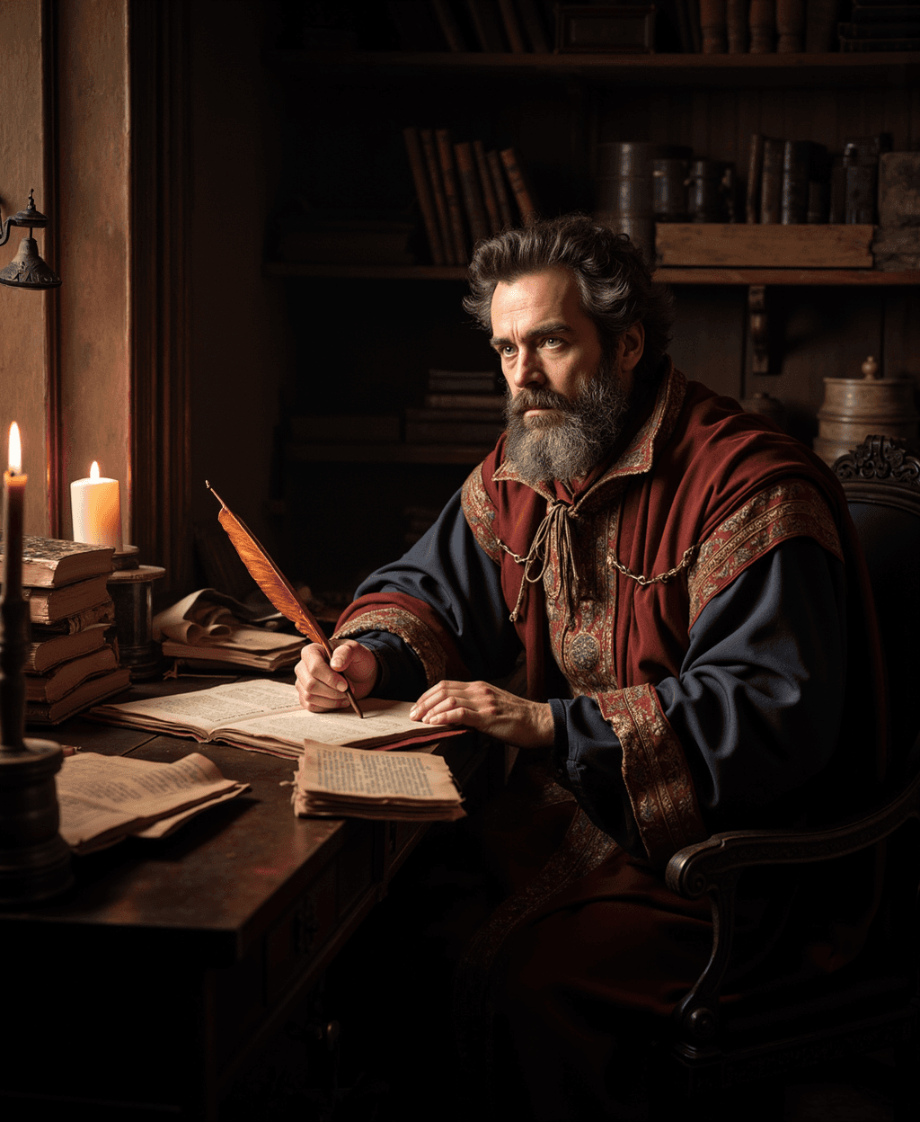 AI generated: A highly detailed 4K portrait of a Renaissance scholar seated at a wooden desk in his study, surroun...
