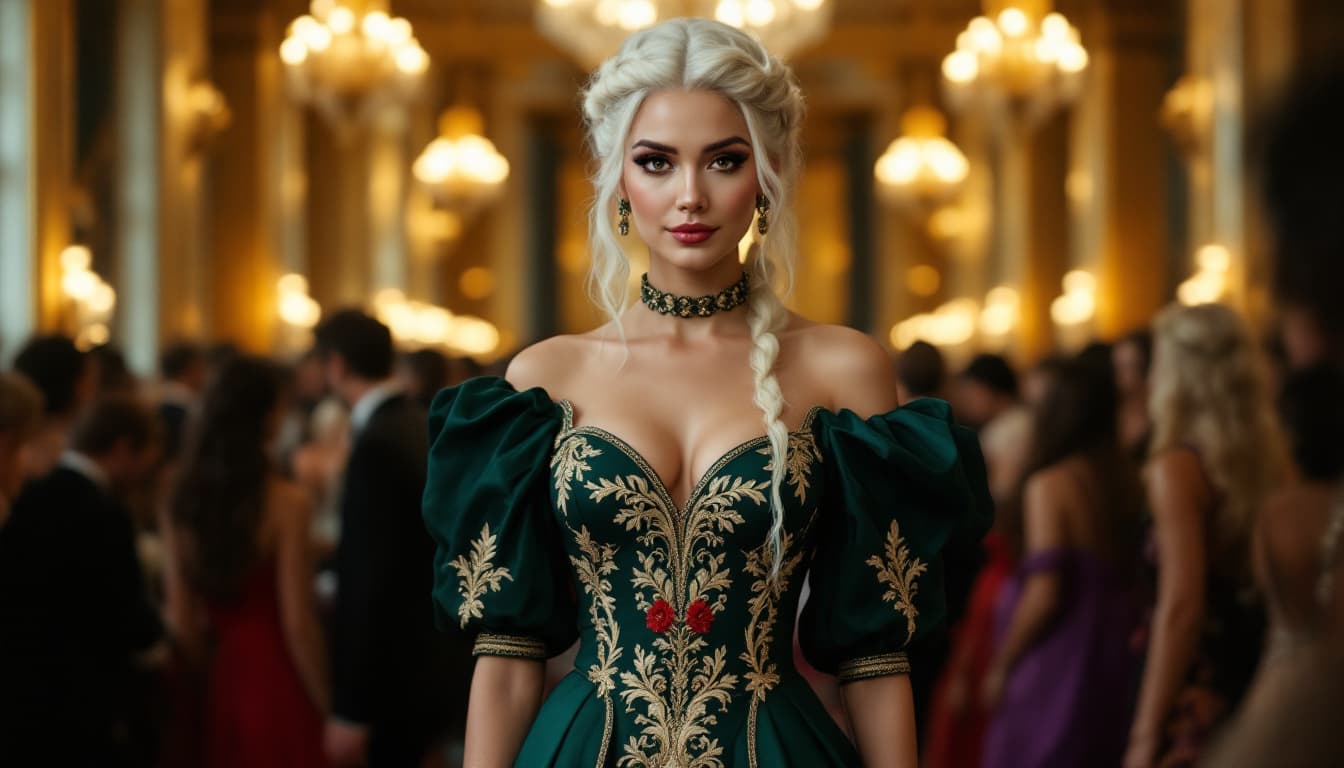 AI generated: a woman standing in the center of a grand, ornate ballroom, surrounded by a crowd of people. Her pla...