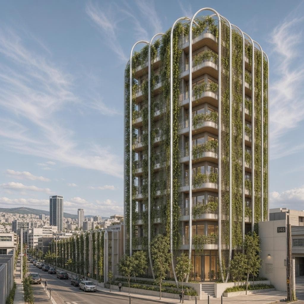 AI generated: Minimal organic skyscraper with a lightweight curved metal exoskeleton, composed of thin steel ribs ...