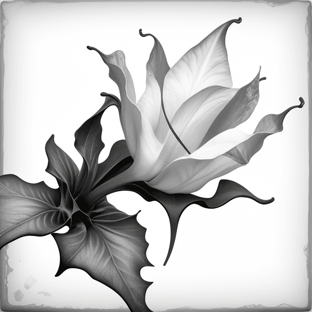 AI generated: Design of a ultra realistic datura flower with a maggot on the flower , monochrome colors , white ba...