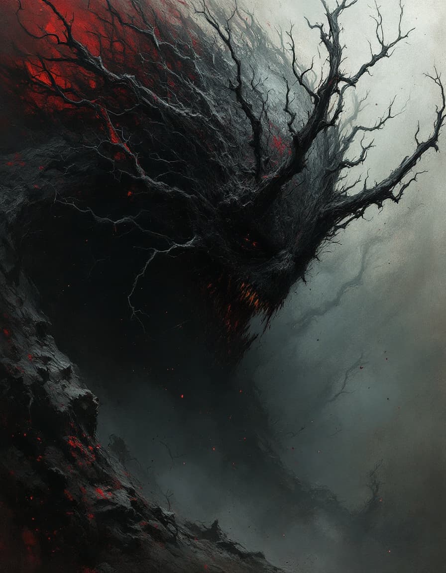 AI generated: unholy, brutal composition, gloomy, intense dark tones, horror, stunning, masterpiece, dramatic, ver...