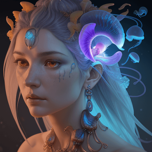 AI generated: Goddess close-up portrait ribcagel. jellyfish phoenix head, nautilus, orchid, skull, betta fish, bio...