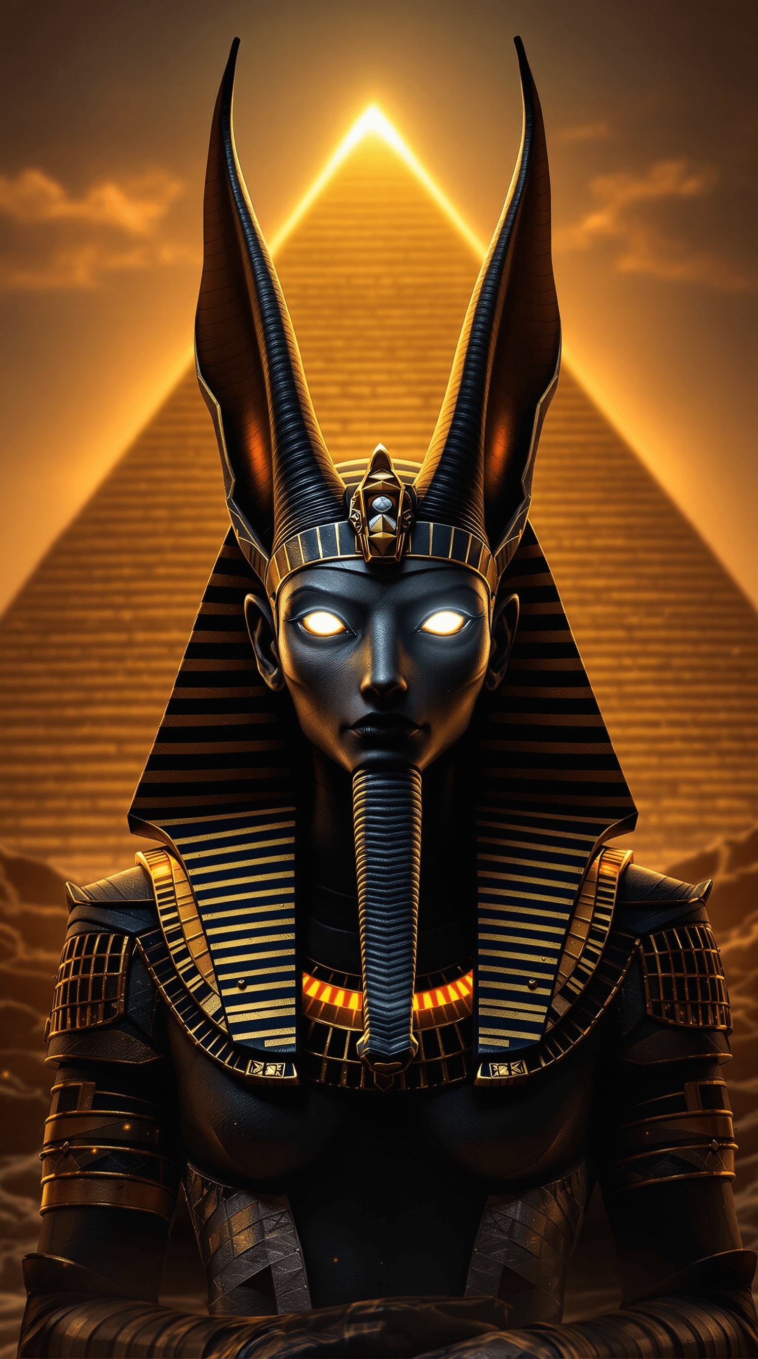AI generated: anubis god egypt, background pyramid, glowing eyes 