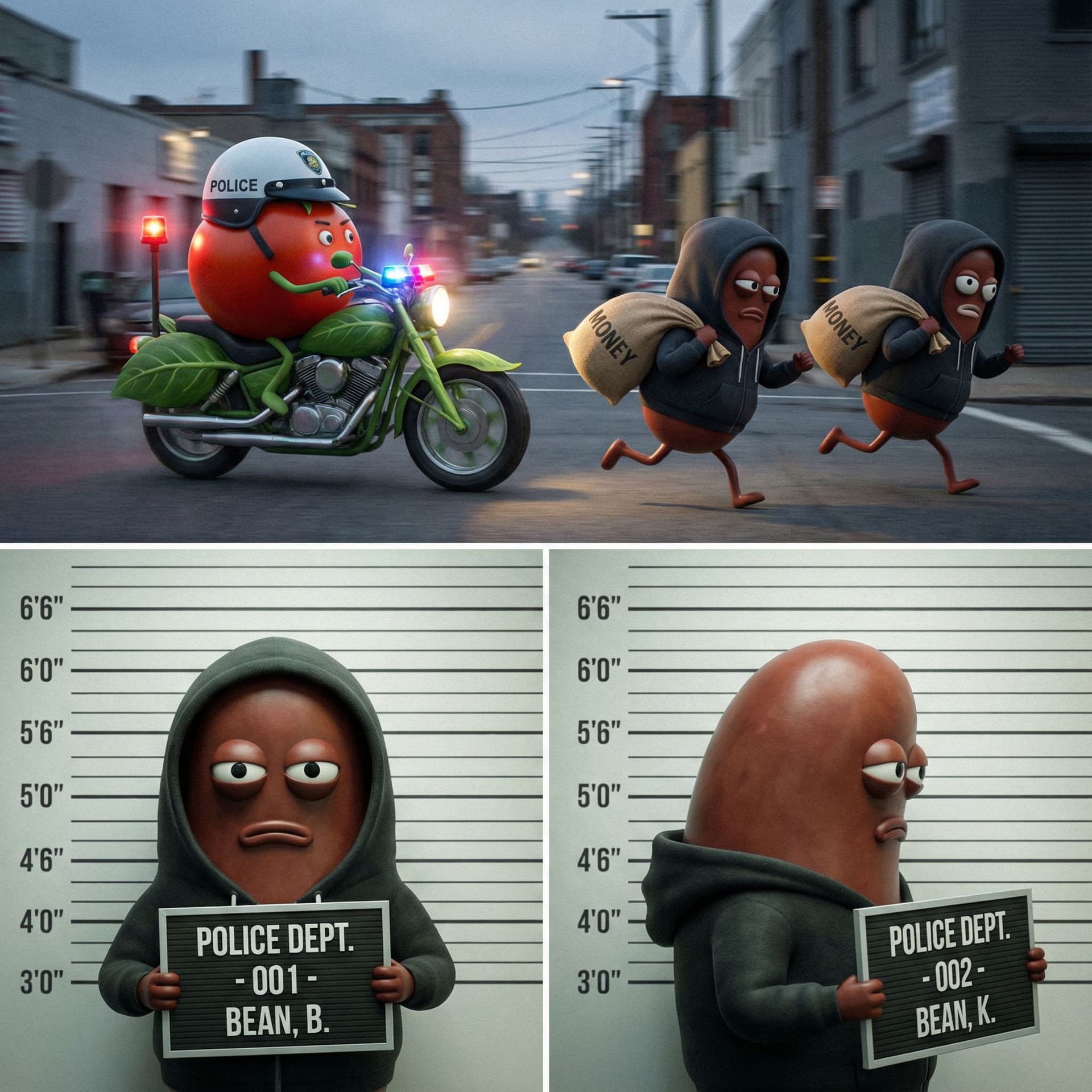 AI generated: A three-part image.

Top (largest section): a cinematic, photorealistic movie-style still of a polic...