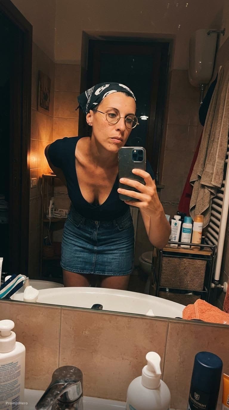 AI generated: Romantic iPhone mirror body selfie,a sloppy snapshot. on a bathroom at night  wearing a décolleté to...