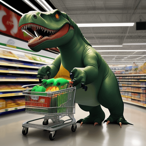 AI generated: Stylized Realistic Giant T Rex Dinosaur inflatable costume in European supermarket, shopping pushing...