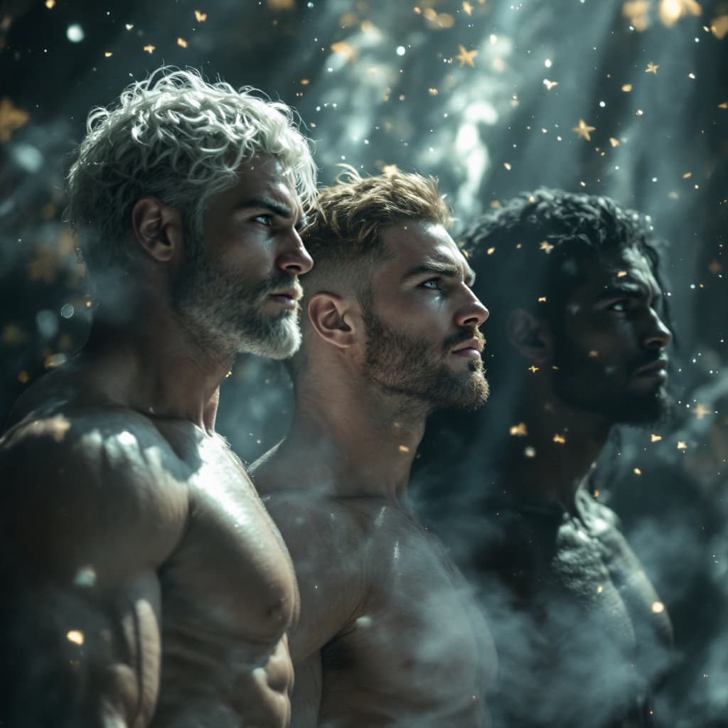 AI generated: TRES REYES MASCULINOS LOS TRES UNO PIEL BLANCA OTRO DE PIEL MORENA Y EL OTRO PIEL NEGRA INCADOS BAJO...