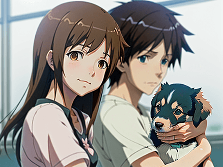 AI generated: Cute girl holding a puppy, hyper quality Anime，Makoto Shinkai --ar 9:16 --style raw --stylize 750