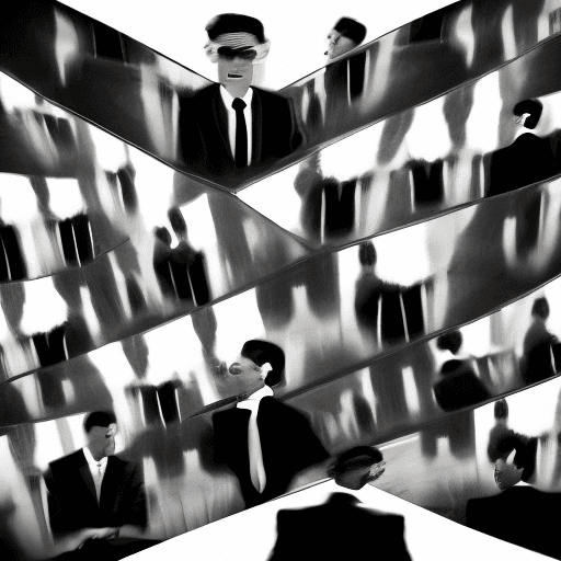 AI generated: black and white. distorted, men in suits sitting behind the table, many faces staring at you, in sui...