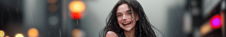 AI generated: iphone photo woman, long brunette hair, walking the city streets at night in the rain, tank top, wet...