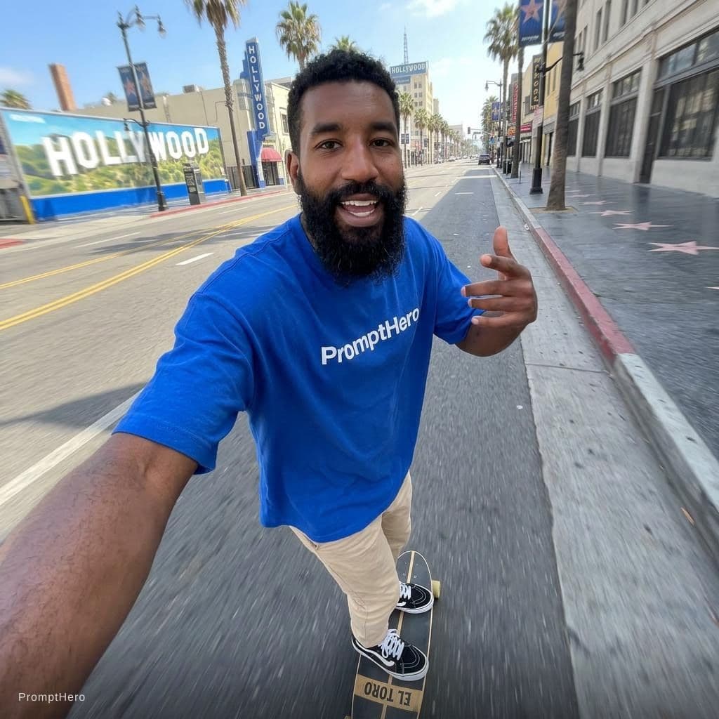 AI generated: realistic selfie shot of a longbearded young thin man wearing a blue oversiced tshirt with the text ...
